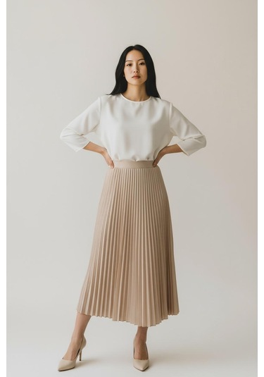 Pileli Pamuklu Dokuma Viskon Kışlık Etek 95 Cm - 38-48 CAMEL