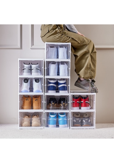 6 Katlı Kapaklı Katlanabilir Plastik Şeffaf Ayakkabı Dolabı Beyaz