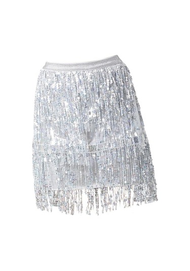 Fastbuy Kadınlar İçin Homyl Parti Rave Payet Püskül Etek Boho Moda Arjantin Gri Gri