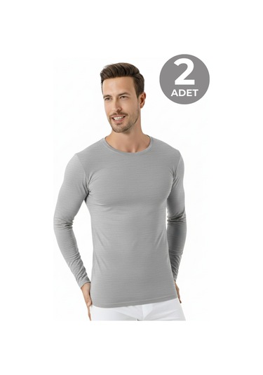 Gri Erkek Regular Fit Bisiklet Yaka Uzun Kollu Tişört 2'li Paket %100 Pamuk Gri 2