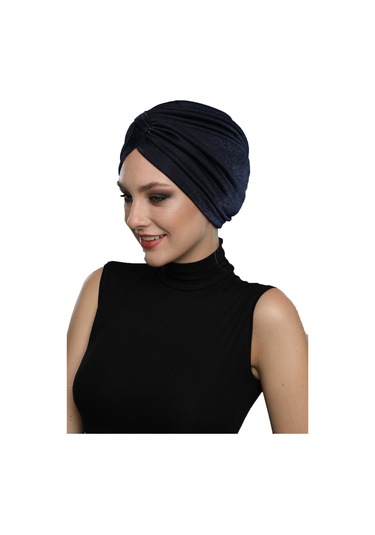 Simli Pike Çapraz Bantlı Astarlı Lacivert Hazır Türban Tesettür Bone Abiye Lacivert