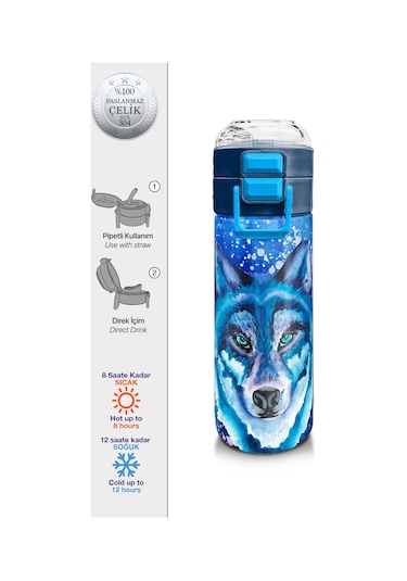 Coral High Kids Lacivert Mavi Kurt Desenli Pipetli Ve Direkt İçim Çelik Termos 500 Ml 31945 Lacivert