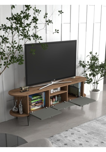 Tv Sehpası Tv Ünitesi Kapaklı Raflı Setro Traverten Çok Renkli