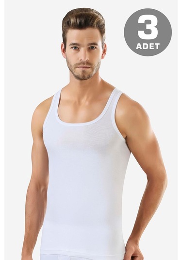 Erkek Beyaz Ribana Atlet 3'lü Paket %100 Pamuklu Beyaz