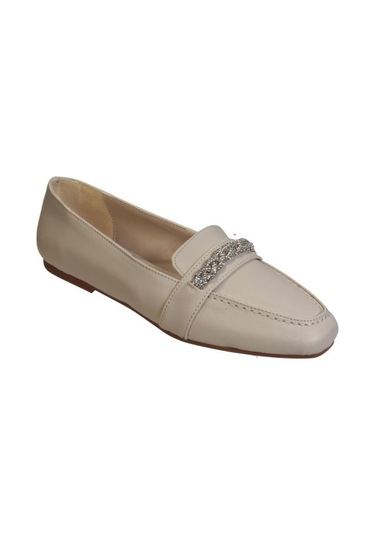 Yazkış Kadın Siyah Krem Cilt Üzeri Taş Kemerli Günlük Düz Babet 001