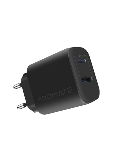Promate BiPlug-2 17W Yüksek Hızlı Şarj Cihazı, 5V/3A Type-C, 5V/2,4A USB Duvar Şarj Adaptörü, Aşırı Şarj Koruma