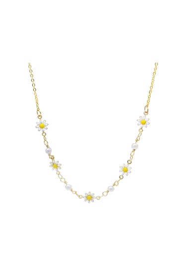 Tesbihane Gold Renk Metal Zincirli İnci Süslemeli Kır Çiçeği Detaylı Kadın Kolye