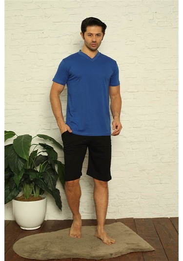 Akbeniz Erkek Sax V Yaka 3'Lü Pijama Takım 6822-Saks Saks Mavisi