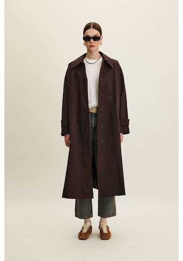 Manuka Kemerli Oversize Gabardin Trençkot Acı Kahverengi