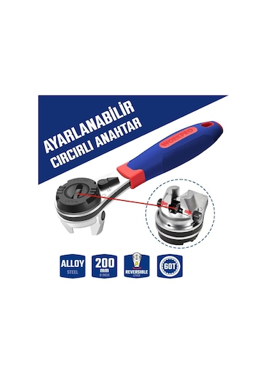 Workpro Wp272063 7-22mm Cr-v Profesyonel Ayarlanabilir 200mm Cırcır Anahtar Fr Wp272063