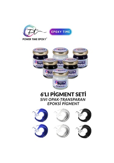 6'lı Opak & Transparan Sıvı Pigment Boya Seti / Epoksi Için/ 2 Adet Beyaz/ 2 Adet Siyah/ 2 Adet Mavi