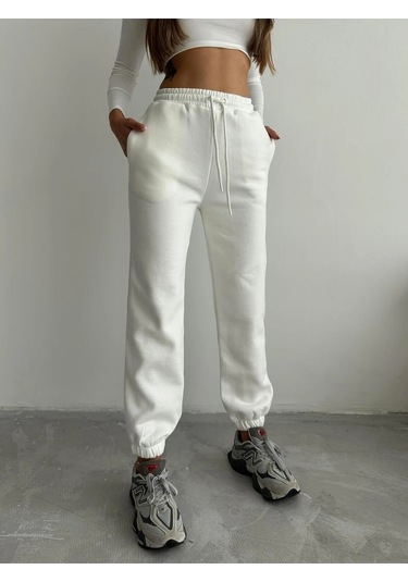 3 İplik Şardonlu Paça Lastikli Eşofman Beyaz İs001 Beyaz