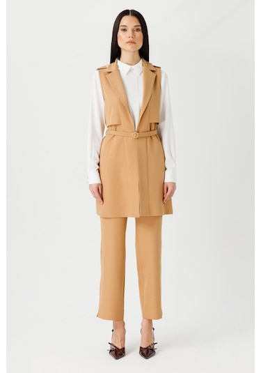 Aller Detaylı İnce Kemerli Yelek Pantolon Tunik Camel-camel Camel