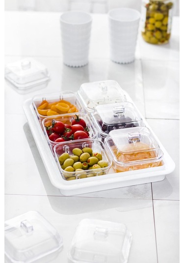 Akrilik Beyaz 6 Lı Kapaklı Kahvaltılık Kahvaltı Seti & Saklama Kabı Cam Değildir Beyaz