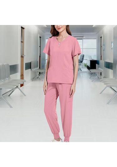 Dolıty Kadın Fırçalama Üniforma Seti Hemşire İş S-pembe