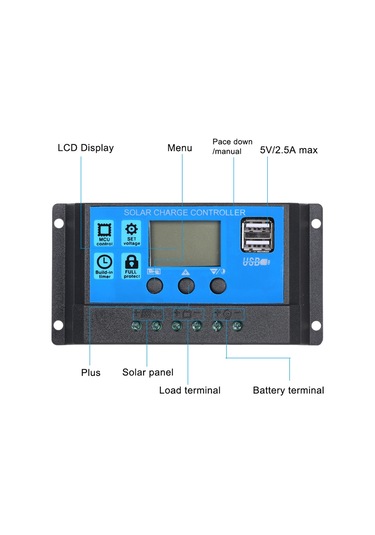 Moveevo Güneş Enerji Kontrolörü 50a 12v/24v Otomatik Uyumlu Pil Şarj Cihazı 2 Usb 5v 2.5a Çıkışı Mavi