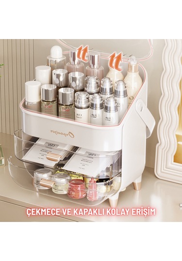 Çekmeceli Kozmetik Organizer Makyaj Kutusu Fırça Takı Ve Aksesuar Düzenleyici Bej