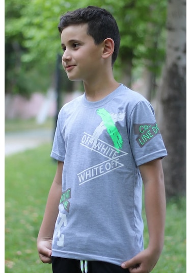 Off White Baskılı %100 Pamuk Gri Erkek Çocuk T-shirt 9-16 Yaş Gri