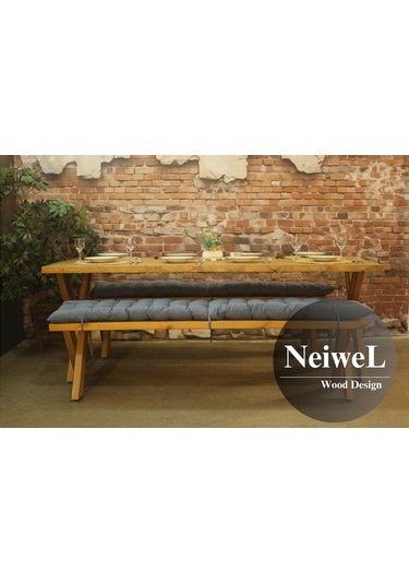 Neiwel Ken Doğal Ahşap Banklı Yemek Masası Takımı-120-300 Takım Açık Ceviz