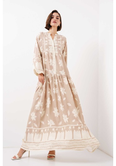 Gabria Ön Düğmeli Desenli Viskon Elbise Taş