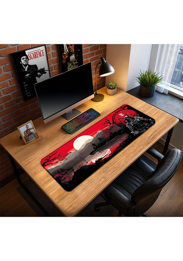 Japon Samuray Oyun Gaming Klavye Mouse Pad Kaymaz Taban Kenarları Dikişli Su Geçirmez Masa Matı 70x30 Cm