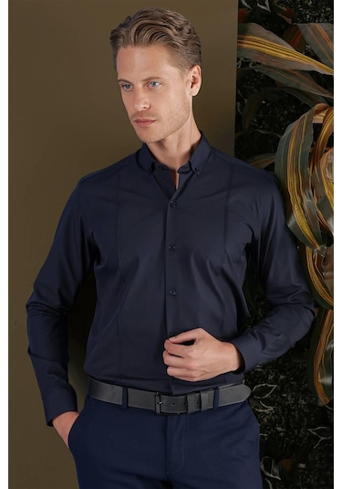 Gk 691 Slim Fit Lacivert Klasik Gömlek Lacivert