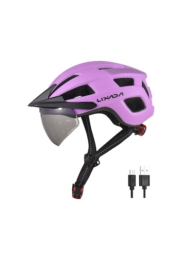 Mor Ön Cam Ve Güneşlik İle Bisiklet Kaskı Şarj Edilebilir Kuyruk Işığı Ayarlanabilir Bisiklet Kaskı Mor