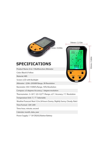 Vkemall Siyah-sarı Dış Mekan Yüksekliği Ölçer: Barometre, Kompas, Termometre, Hava Durumu, Saat-tarih Lcd Işıklı 8 Fonksiyonlu Pil Dahil