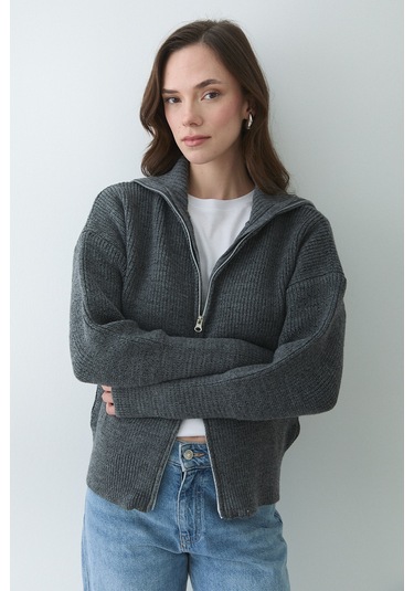 Antrasir Çift Fermuarlı Hırka - 251080 Antrasit