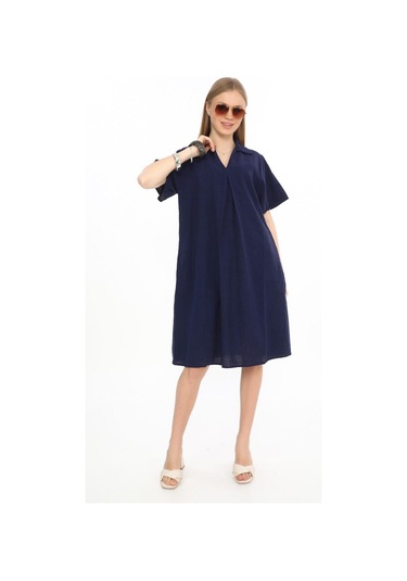 Yarım Kol V Yaka Keten Elbise-9164 Lacivert