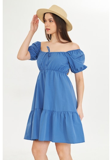 Kutaf Beli Lastikli Buzgulu Poplin Elbise Orta Mavi