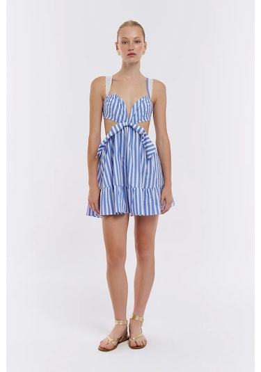 Olla Collection Kurdele Detaylı Çizgili Mini Elbise Mavi Mavi