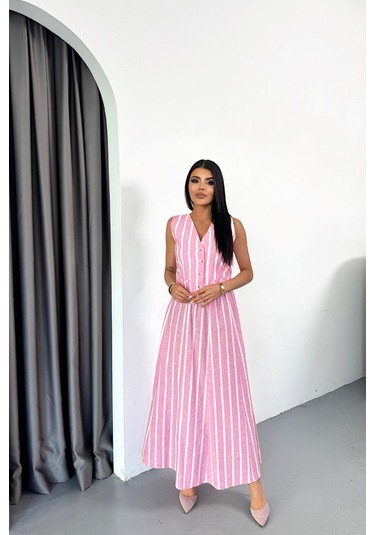 Sensuelle Keten Çizgili Yelek - Uzun Etek Takım - Pembe Pembe