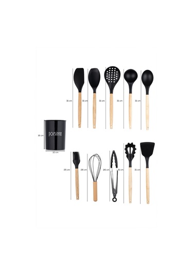 Porsima 3165 Standlı Bambu Silikon 11 Parça Servis Takımı Seti Siyah