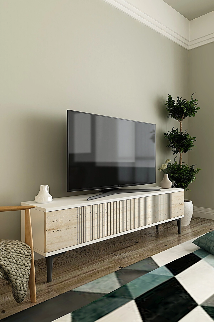Tsa1203bt - Corsatv120 Tv Stand, Tv Sehpası Beyaz-traverten Kapak 120cm Beyaz