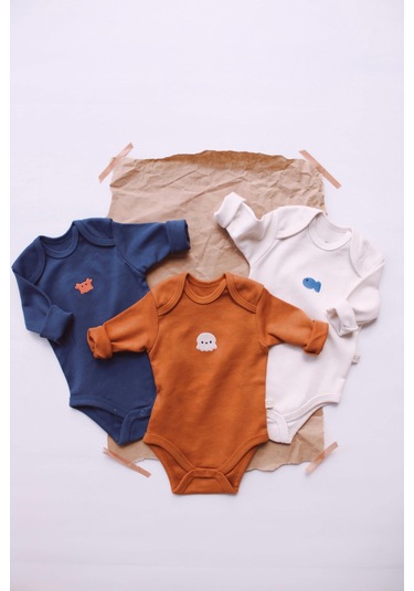 3lü Nakışlı Çıt Çıtlı Uzun Kollu Body Zıbın Set Model 4 Tarçın