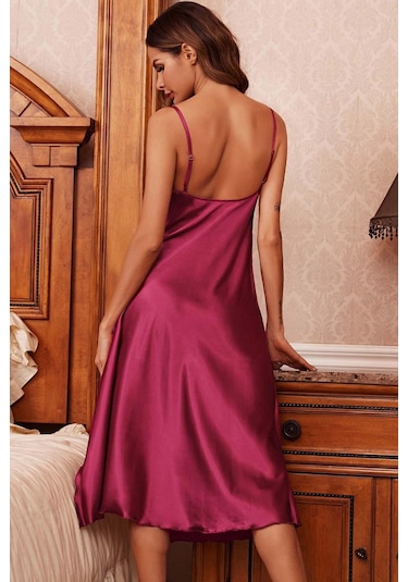 Merry See Özel Tasarım Degaje Yakalı Yırtmaçlı Dantelli Saten Uzun Gecelik Bordo