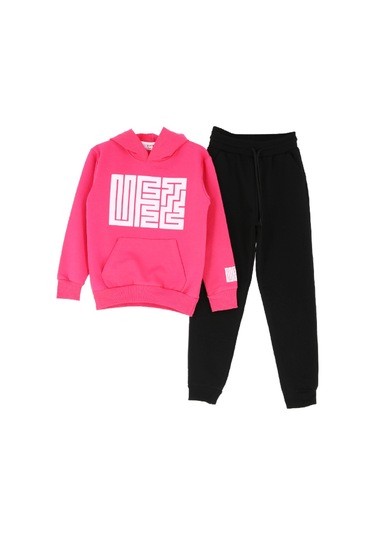Kız Çocuk 2 İplik Küfe Yazı Görselli Kapüşonlu Alt-üst Takım 12374 Pembe