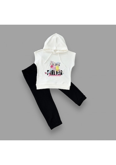 3-4-5 Yaş Forever Cici Kızlar Baskılı Kapşonlu 2li Kız Çocuk Takımı Siyah