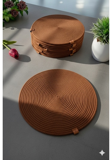 Amerikan Servis Runner 6 Lı Sunum Supla Çeyiz Takımı Örgü Tabak Altı Yanmaz Kahverengi