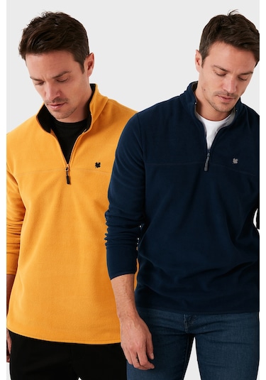 Buratti Slim Fit Anti-Pilling Tüylenme Yapmayan Bato Yaka Şardonlu 2'Li Paket Erkek Polar 5906001S2 Hardal-Lacivert