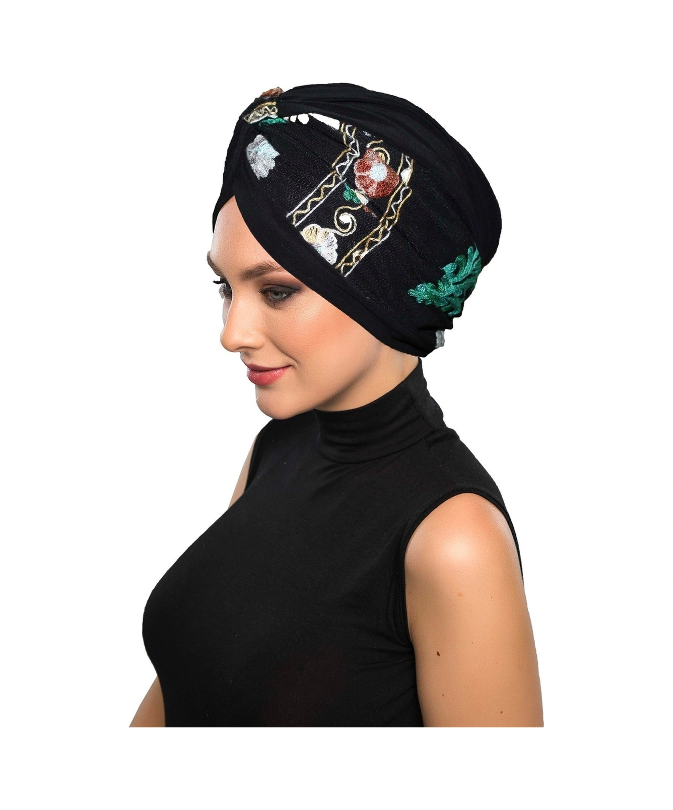 Otantik Nakış Motifli Astarlı Hazır Türban Tesettür Bone Siyah Motif 2