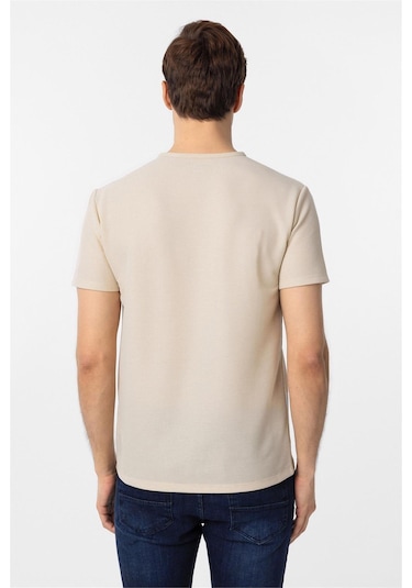 Süvari Bej Slim Fit Armürlü Bisiklet Yaka Tişört-37337 Bej