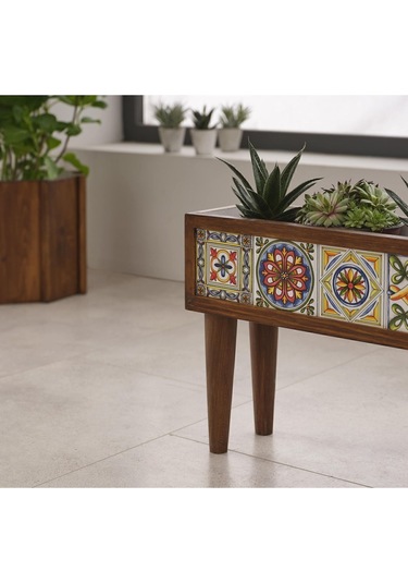 Halohope El Yapımı Ayaklı 4 Çinili Dekoratif Modern Ahşap Dikdörtgen Bahçe Balkon Saksı Saksılık Çiçeklik