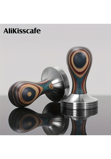 Motion003 1 Adet Alıkısscafe Premium 58.35 Mm Kahve Dizgisi 304 Paslanmaz Celik Cikarilabilir Duz Taban Renkli Ahsap Sap Espresso Demleme Icin Ahşap