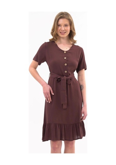 Apsen Kadın Elbise Kahve Renk Önden Düğme Detaylı Yazlık Midi Elbise 4437-105 Kahverengi