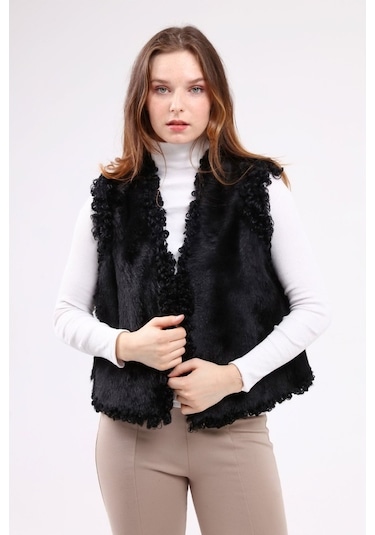 Leatinn Siyah Kadın Angora Deri Yelek Çok Renkli