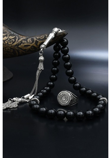 Doğal Oniks Taşlı Tesbih Ve 925 Ayar Gümüş Yüzük Hz. Süleyman Mührü Mikro Taş Süslemeli 901942 Gümüş