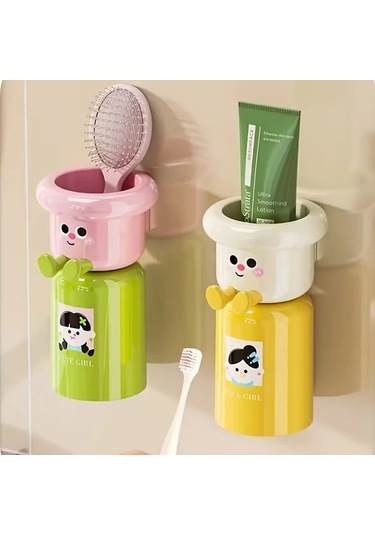 Elmpaly Yeşil Duş Düzenleyici Yapışkanlı Diş Fırçası Askısı Ağız Çalkalama Kabı Yeşil