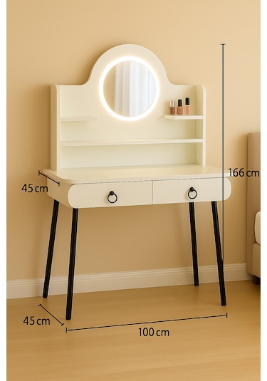 Vella Modern Led Işıklı Oval Makyaj Masası Raflı Ve Çekmeceli Beyaz
